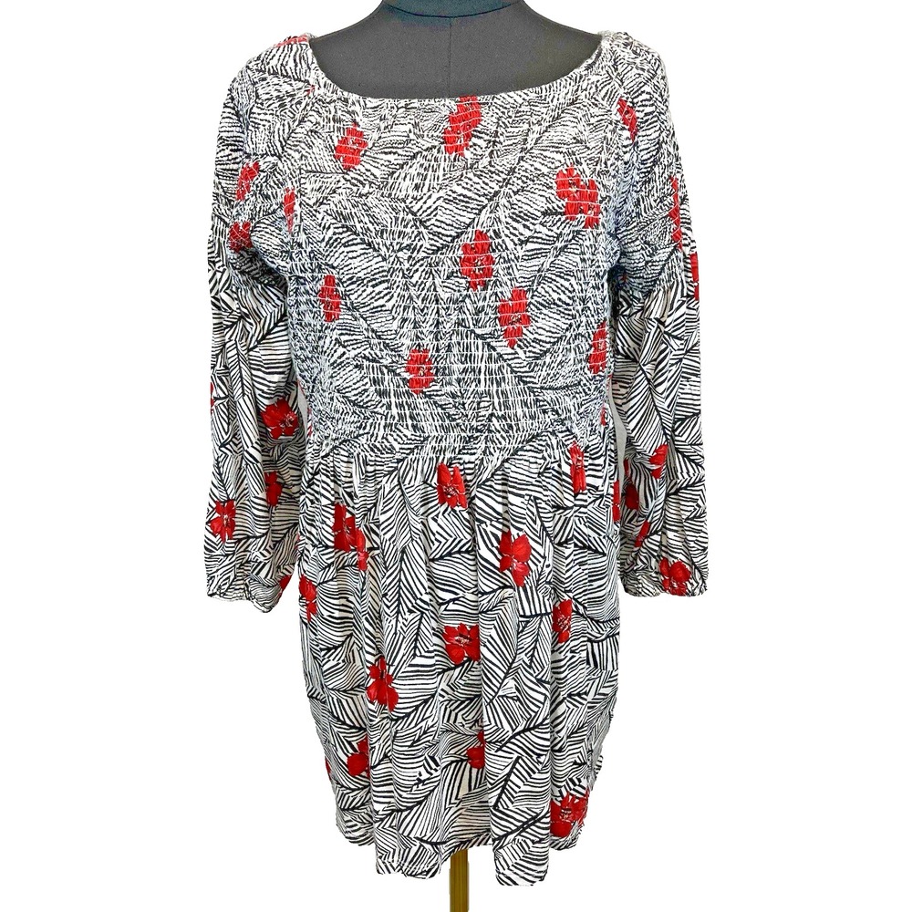 J Jill Women's Smocked Tropical Top Size L Floral Travel Mature Vacation Stretch